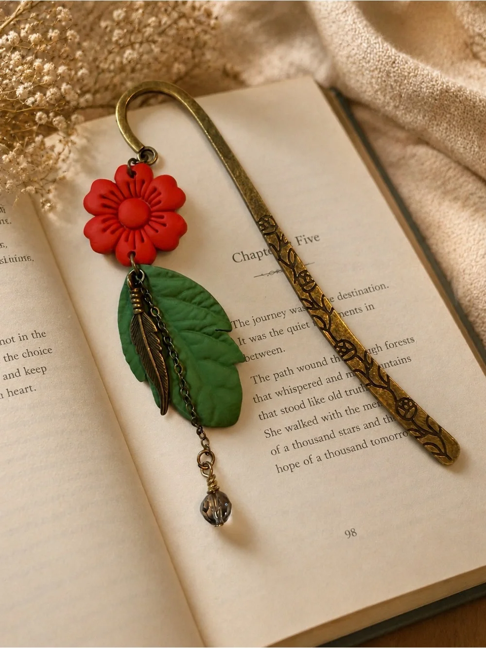 Floral Red Flower & Green Leaf Brass Bookmark